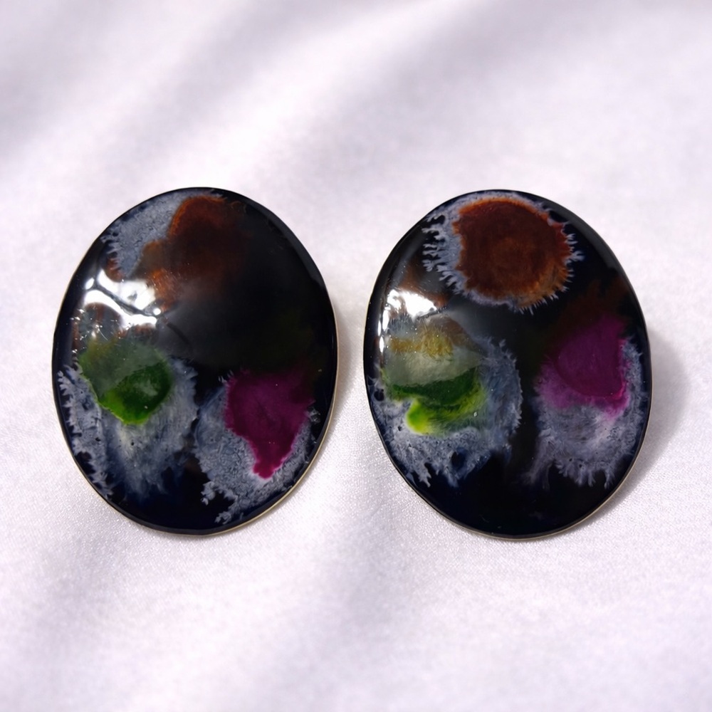 Black Marbled Oval Statement Stud Earrings | Glossy Bold Costume Jewelry